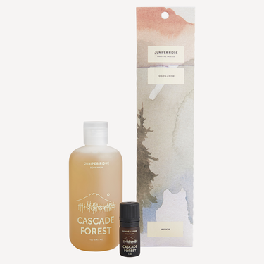 Forest Body Oil bottle, Essential Oil bottle, and Incense packet.